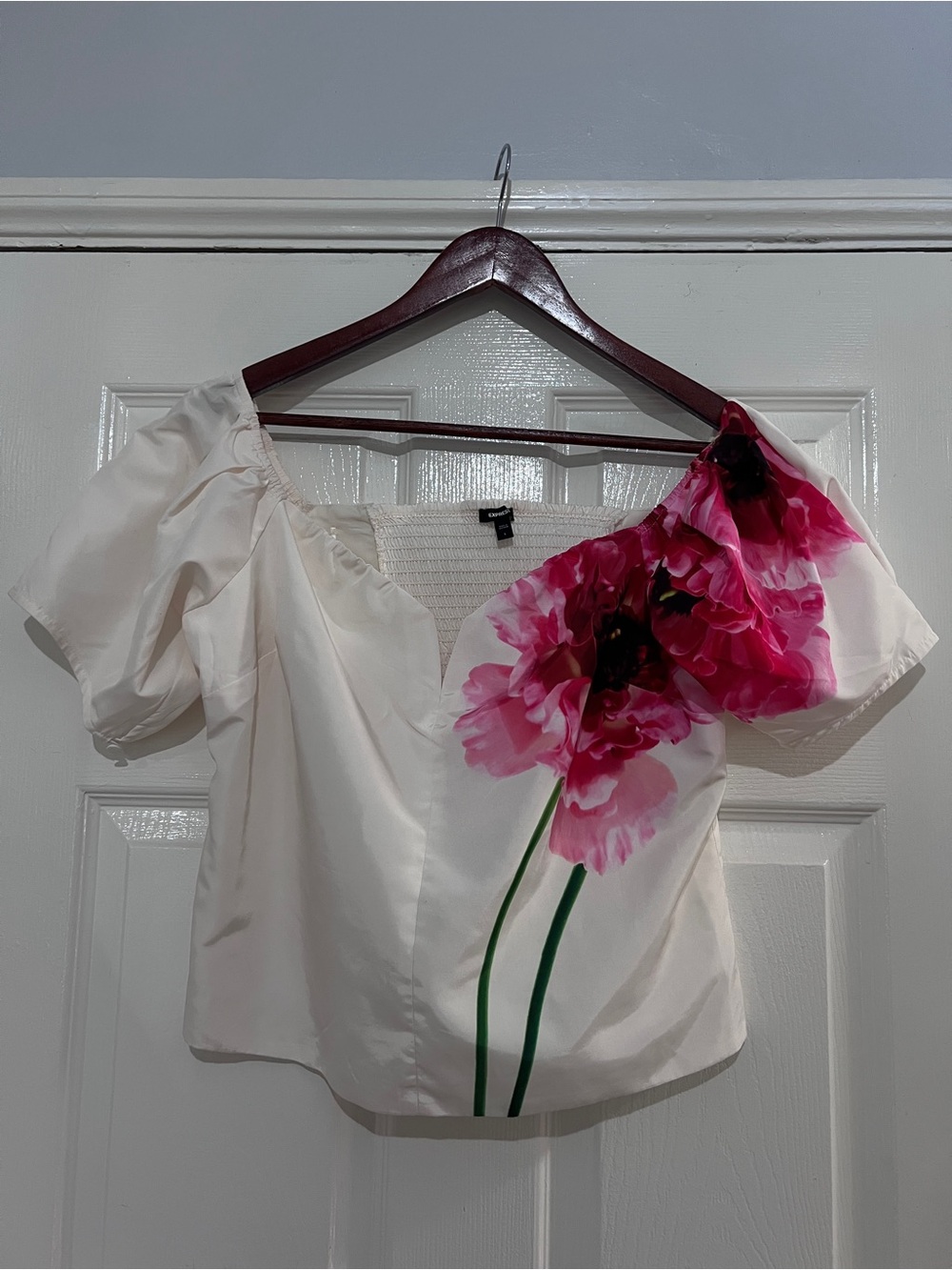 Express Cream Off-Shoulder Top with Pink Floral Print